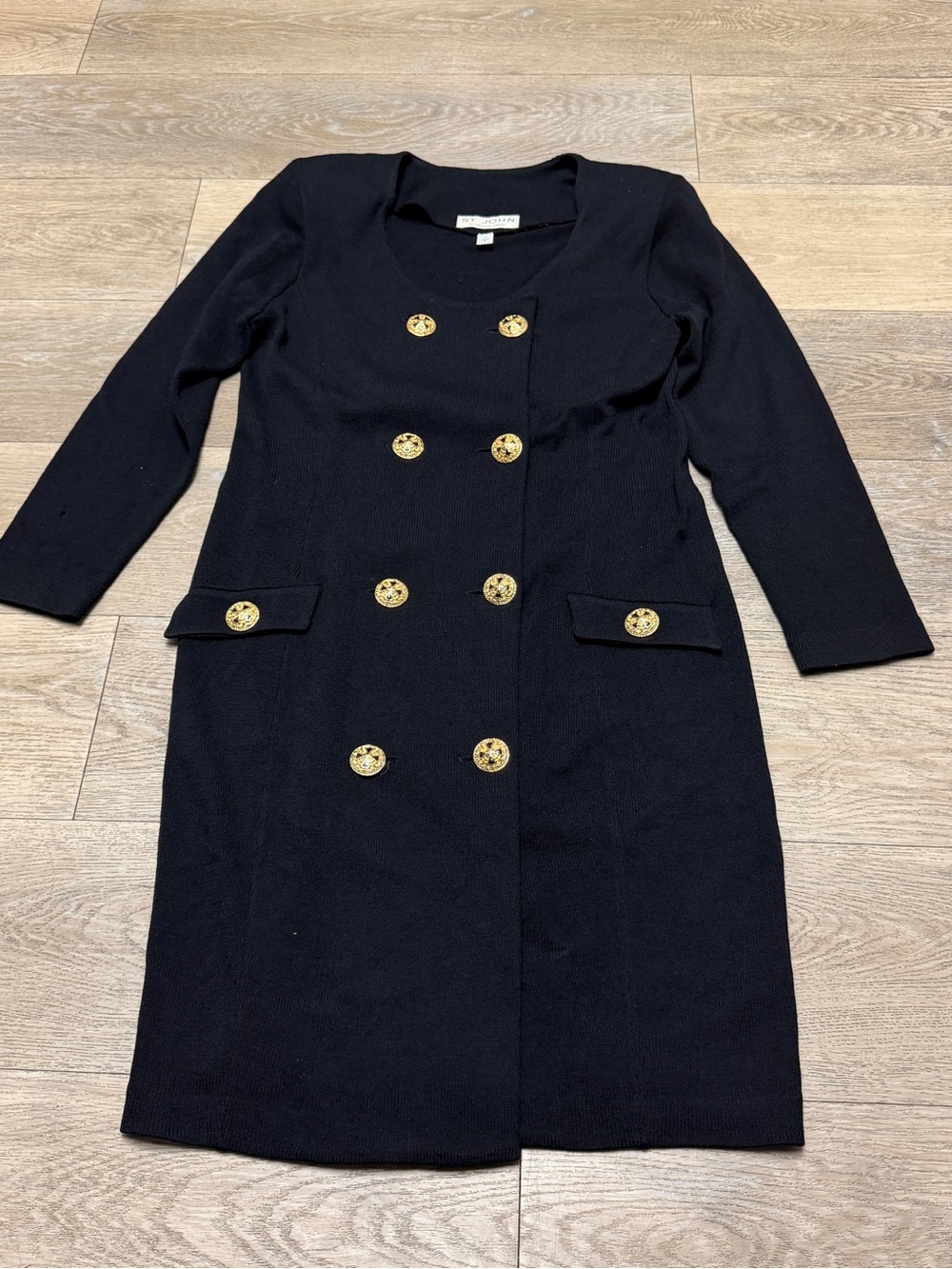 St. John Marie Gray Black Santana Knit Double Breasted Button Sweater Dress 8 US